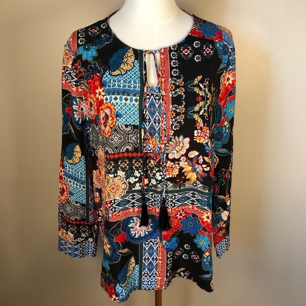 Laurel Grey Colorful Long Sleeve Lightweight Bohemian Top Size M